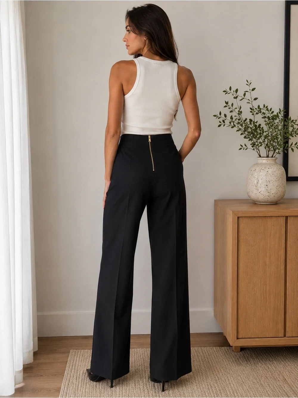 NWT Zara Black High-Waist Wide-Leg Trousers with Gold Zip size L.